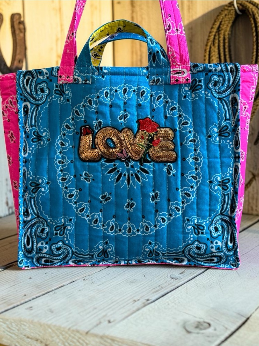 WHERE DID YOU GET THAT BAG Handmade Quilted Bandana Bag Turquoise & Pink